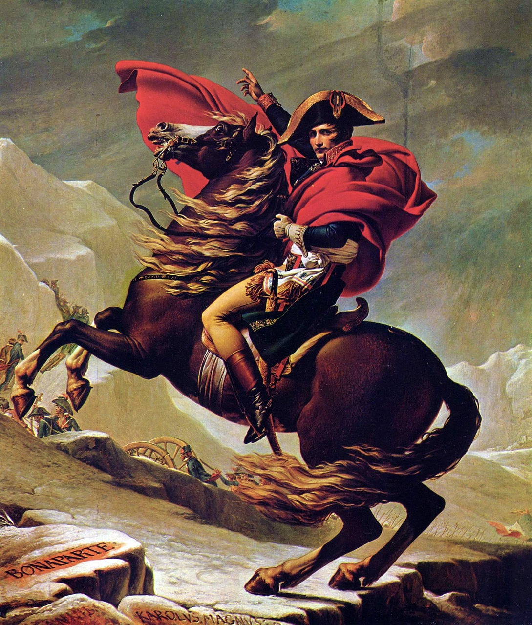 A painting of Napoleon Bonaparte in uniform riding a horse which rear