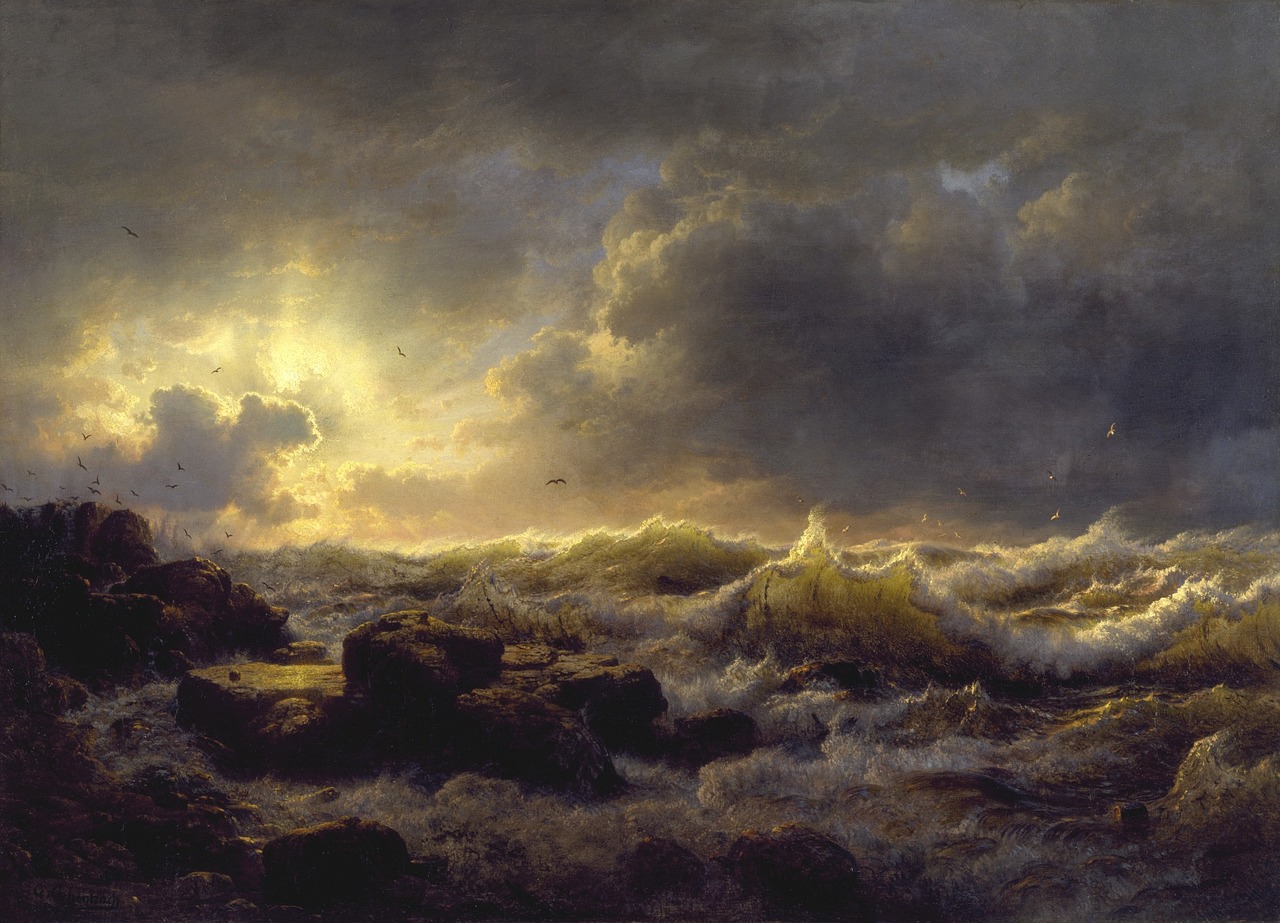 Oil painting of a stormy bay