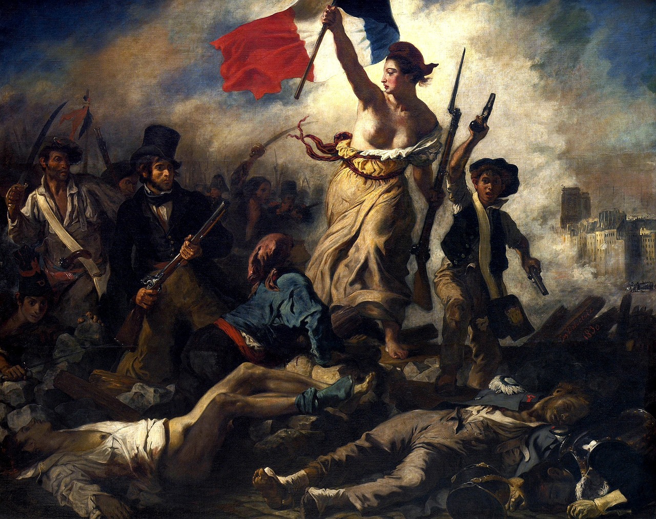 A painting called Liberty Leading the People by the French artist Eugène Delacroix which illustrates a group of revolutionaries fighting, and a women holding the French flag to the sky. 